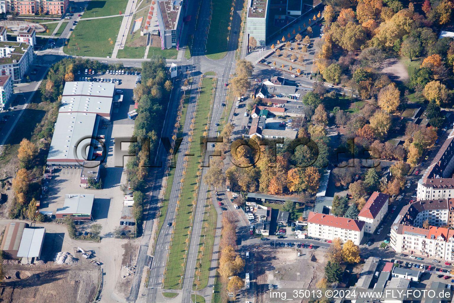 Drone recording of Kriegsstrasse East in the district Südstadt in Karlsruhe in the state Baden-Wuerttemberg, Germany