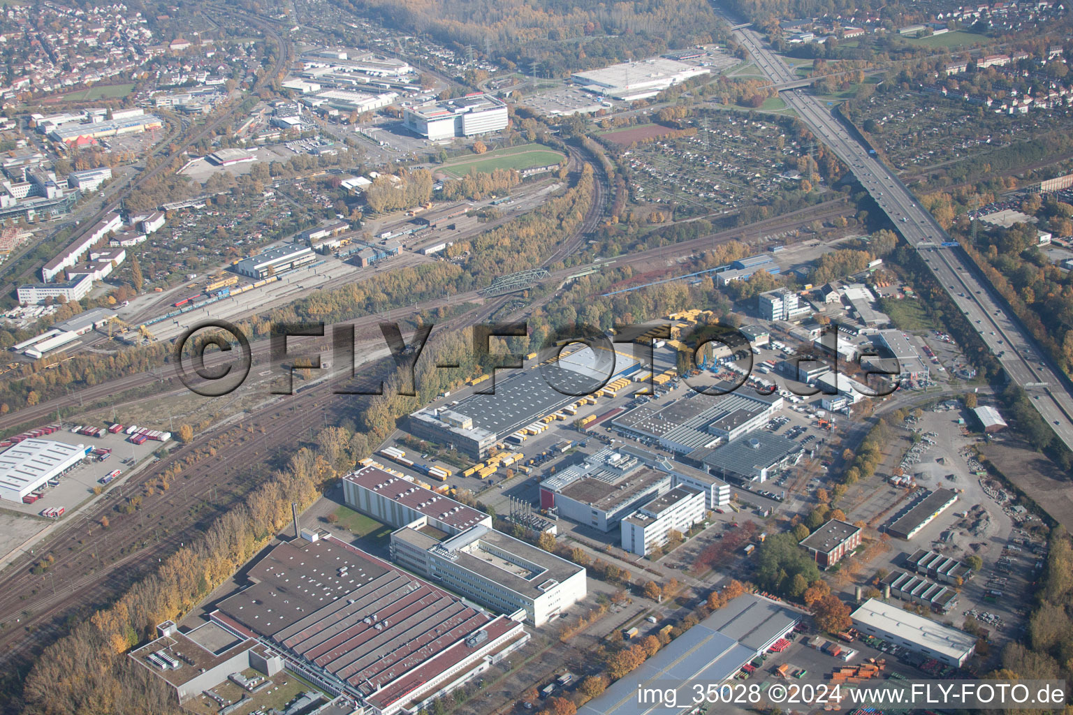 Oblique view of Warehouses and forwarding building SWS-Speditions-GmbH, Otto-street in the district Durlach in Karlsruhe in the state Baden-Wurttemberg