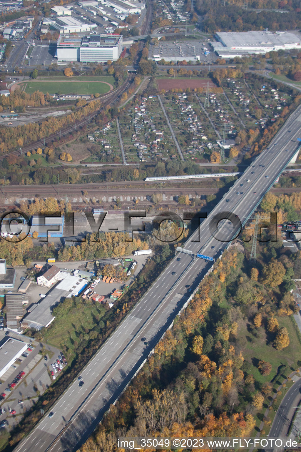Aerial view of A5 near Aue in the district Durlach in Karlsruhe in the state Baden-Wuerttemberg, Germany