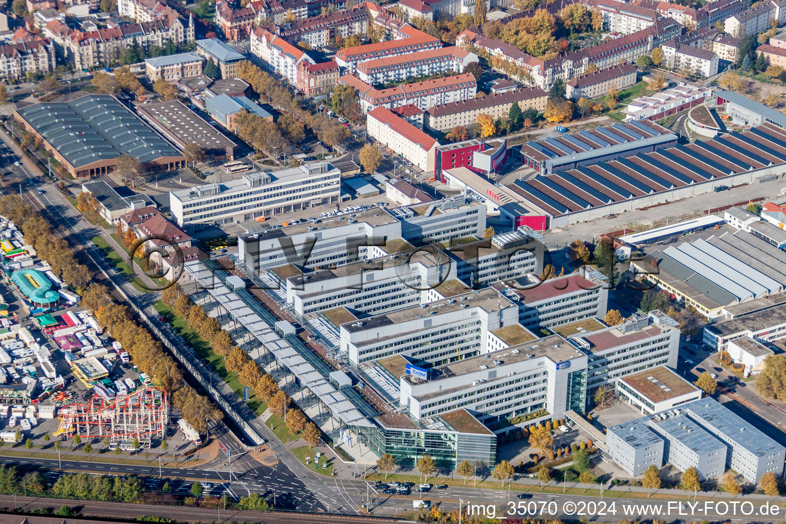 Aerial photograpy of Office building of ENBW Zentrale on Durlacher Allee in the district Oststadt in Karlsruhe in the state Baden-Wurttemberg, Germany