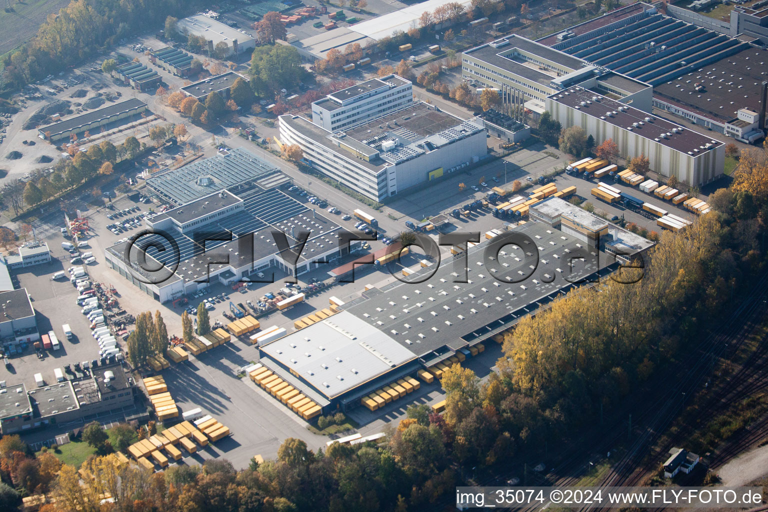 Warehouses and forwarding building SWS-Speditions-GmbH, Otto-street in the district Durlach in Karlsruhe in the state Baden-Wurttemberg from the drone perspective