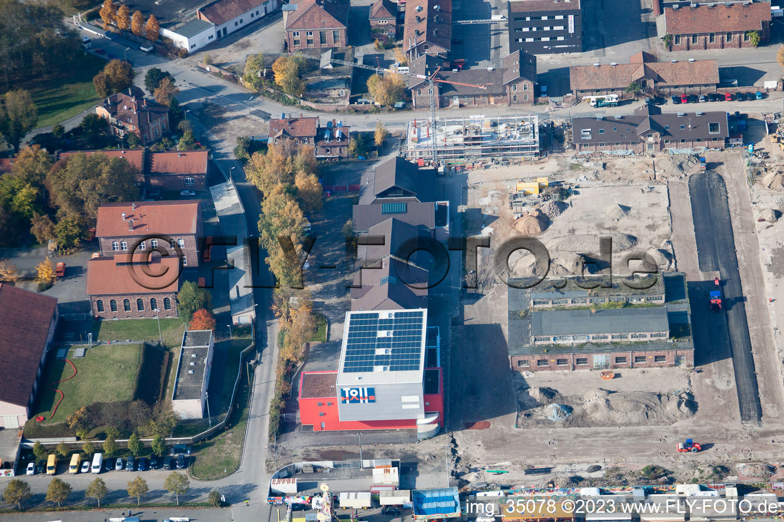Aerial view of Madhouse at the old slaughterhouse in the district Oststadt in Karlsruhe in the state Baden-Wuerttemberg, Germany
