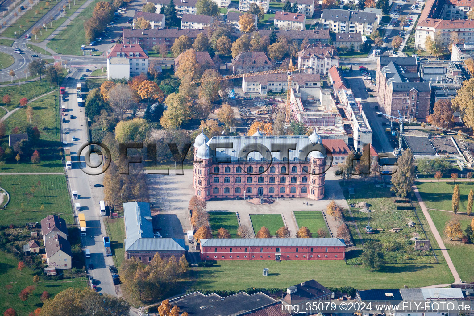 Aerial view of Building complex of the university Schloss Gottesaue/Hochschule fuer Musik in Karlsruhe in the state Baden-Wurttemberg