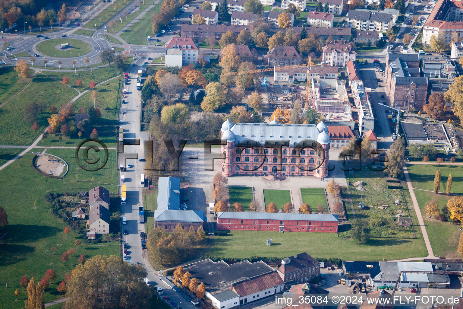 Aerial view of Schloss Gottesaue (Music Academy) in the district Oststadt in Karlsruhe in the state Baden-Wuerttemberg, Germany