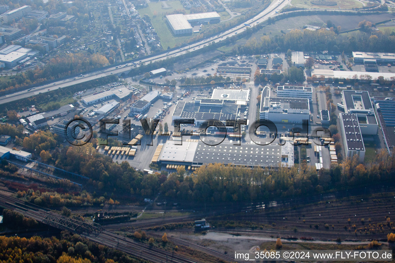 Warehouses and forwarding building SWS-Speditions-GmbH, Otto-street in the district Durlach in Karlsruhe in the state Baden-Wurttemberg from a drone