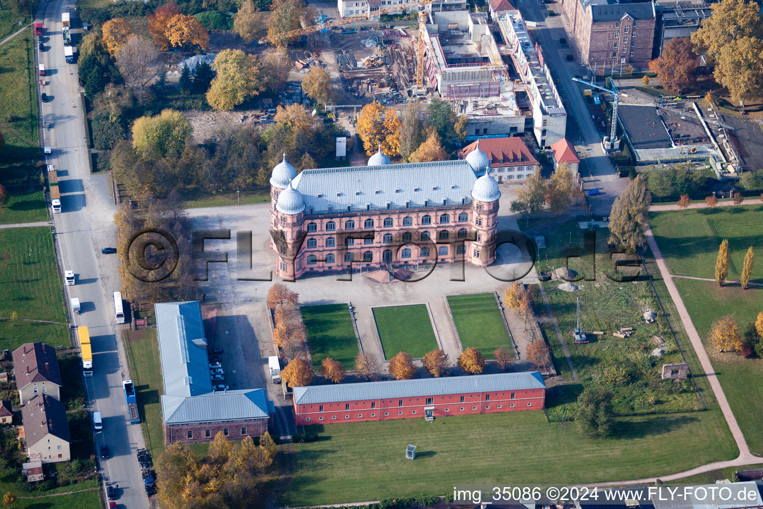 Aerial photograpy of Building complex of the university for music castle Gottesaue in Karlsruhe in the state Baden-Wurttemberg