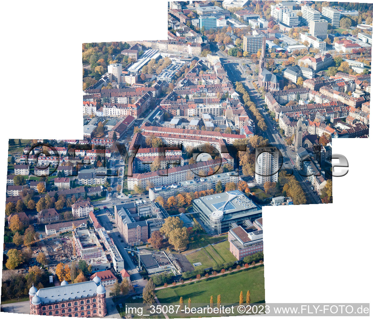 Aerial view of District Oststadt in Karlsruhe in the state Baden-Wuerttemberg, Germany