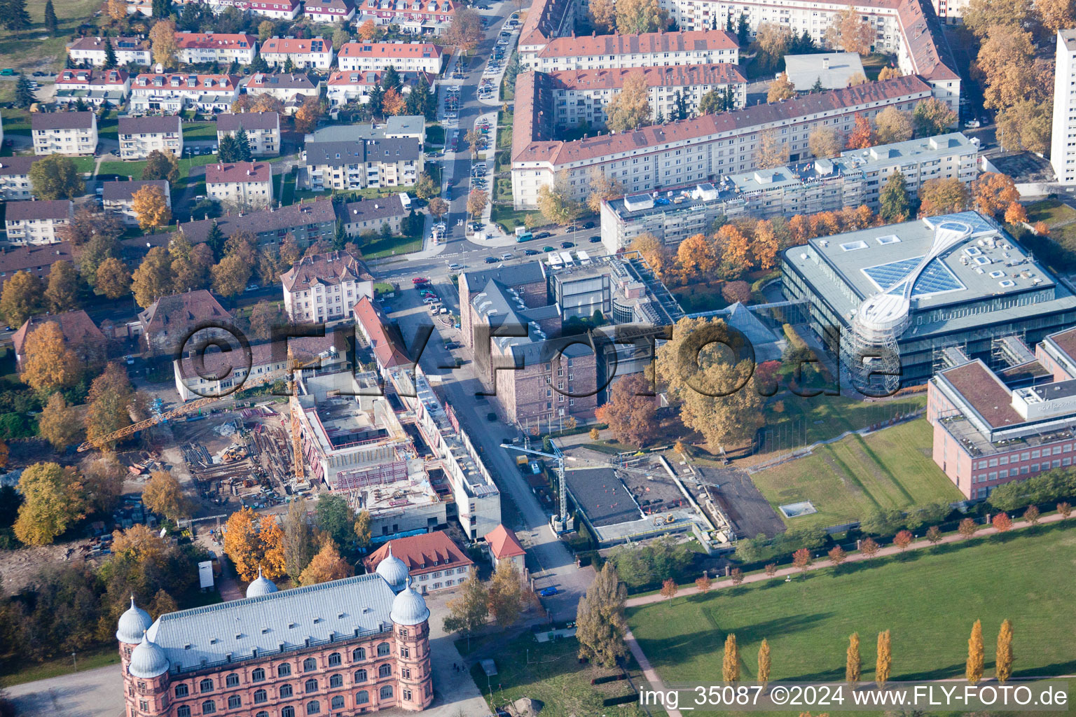 Aerial view of District Oststadt in Karlsruhe in the state Baden-Wuerttemberg, Germany