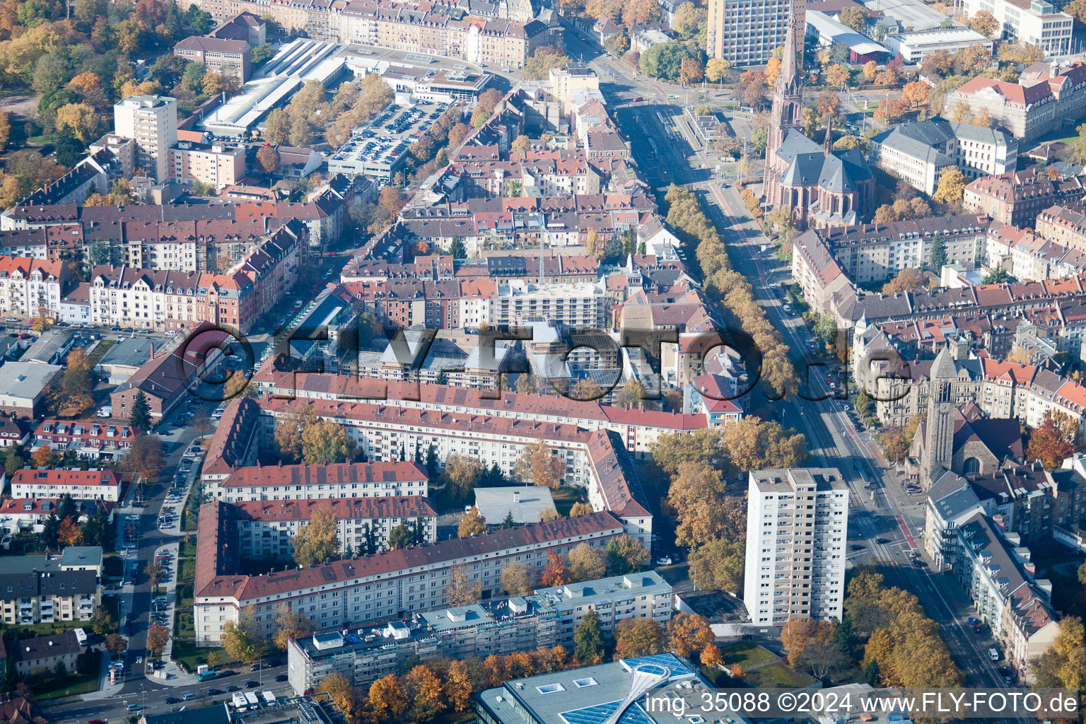 Aerial photograpy of District Oststadt in Karlsruhe in the state Baden-Wuerttemberg, Germany