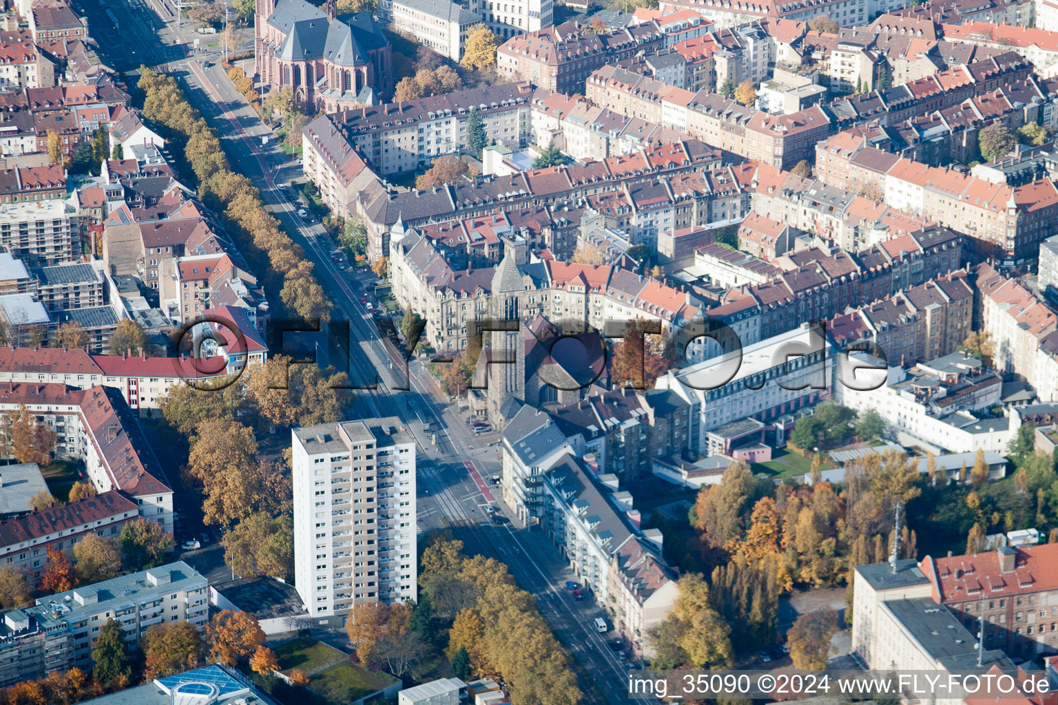 District Oststadt in Karlsruhe in the state Baden-Wuerttemberg, Germany seen from above