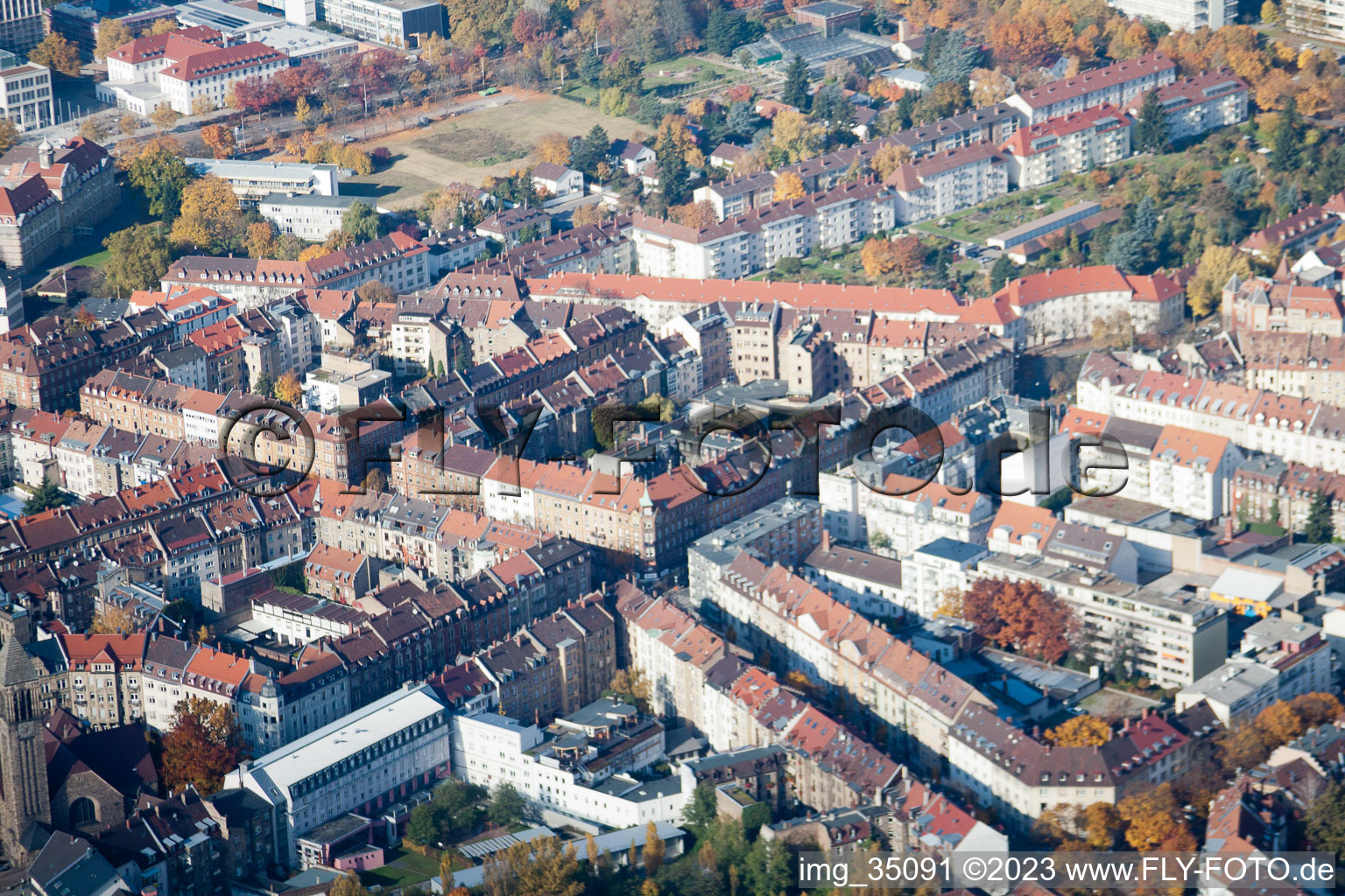 District Oststadt in Karlsruhe in the state Baden-Wuerttemberg, Germany from the plane