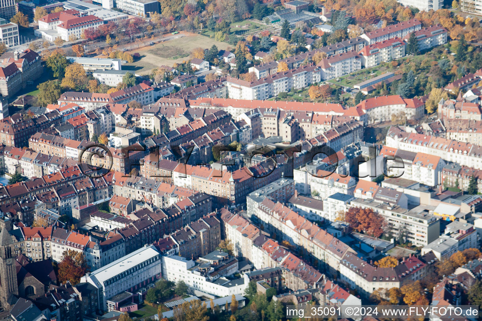 District Oststadt in Karlsruhe in the state Baden-Wuerttemberg, Germany seen from above