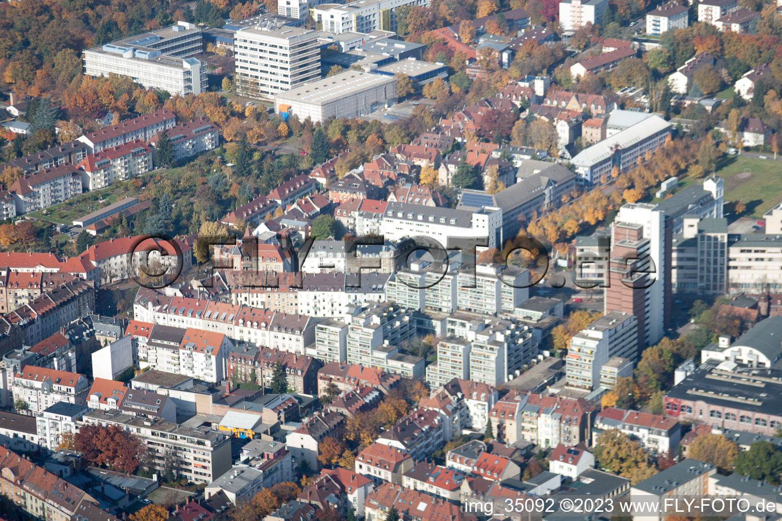 Bird's eye view of District Oststadt in Karlsruhe in the state Baden-Wuerttemberg, Germany