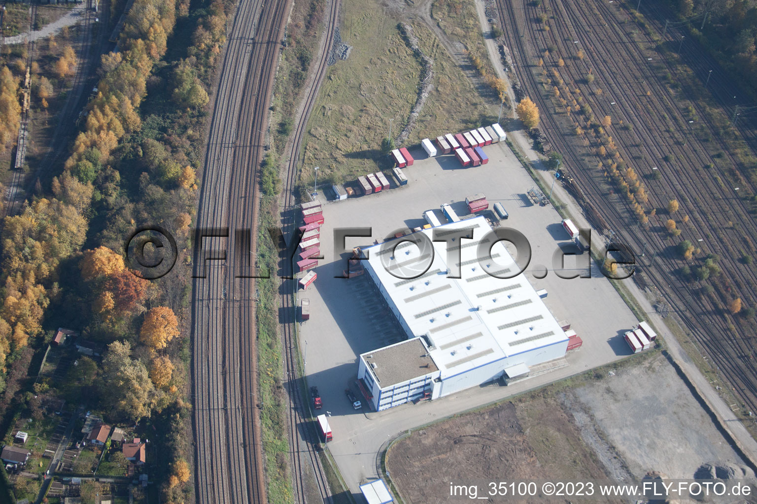 Aerial view of Emon's shipping company in the district Oststadt in Karlsruhe in the state Baden-Wuerttemberg, Germany