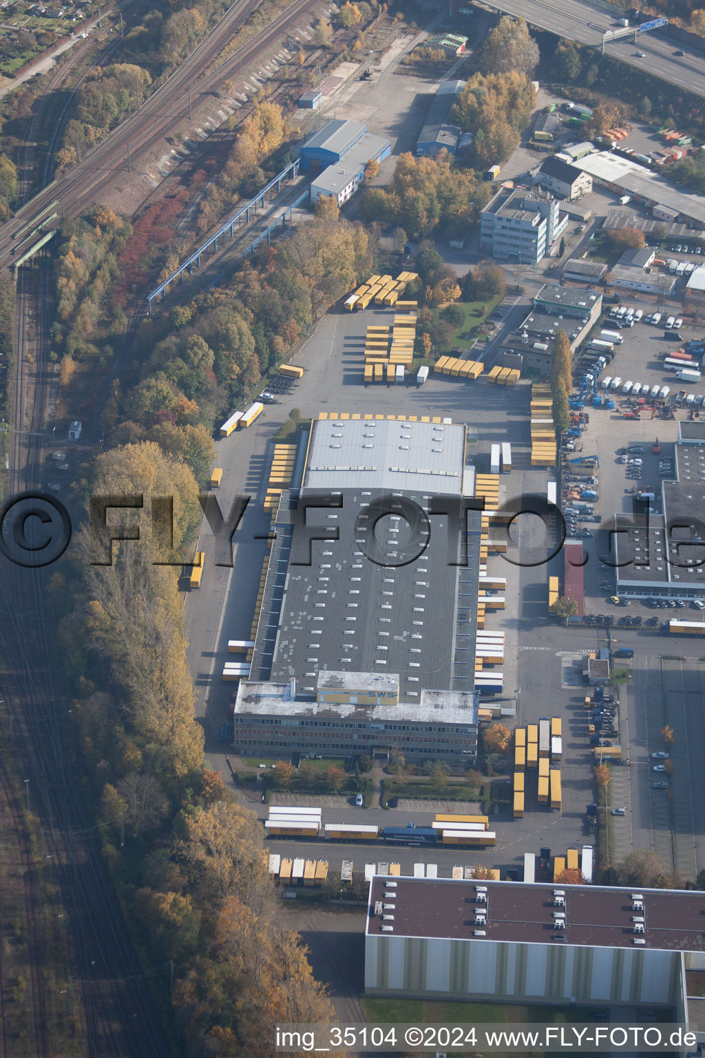 Warehouses and forwarding building SWS-Speditions-GmbH, Otto-street in the district Durlach in Karlsruhe in the state Baden-Wurttemberg seen from a drone