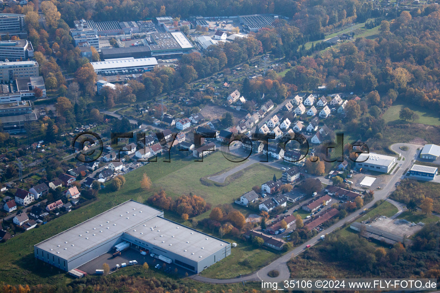 Aerial view of Wachhausstrasse in the district Durlach in Karlsruhe in the state Baden-Wuerttemberg, Germany