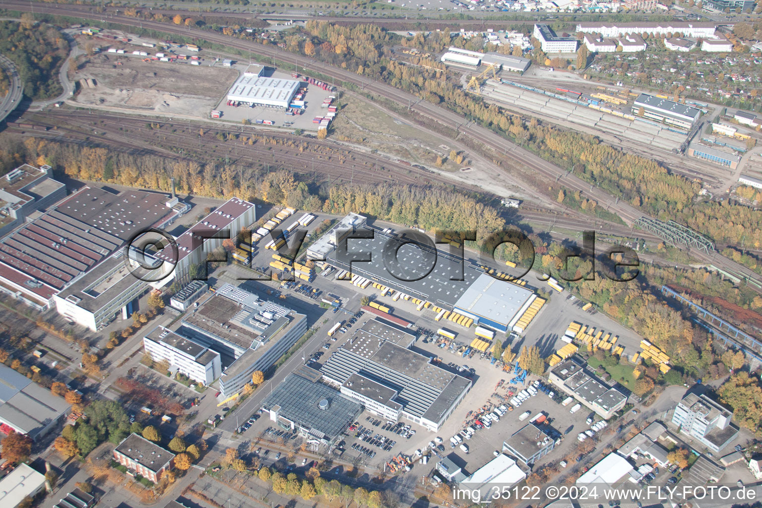Oblique view of Warehouses and forwarding building SWS-Speditions-GmbH, Otto-street in the district Durlach in Karlsruhe in the state Baden-Wurttemberg