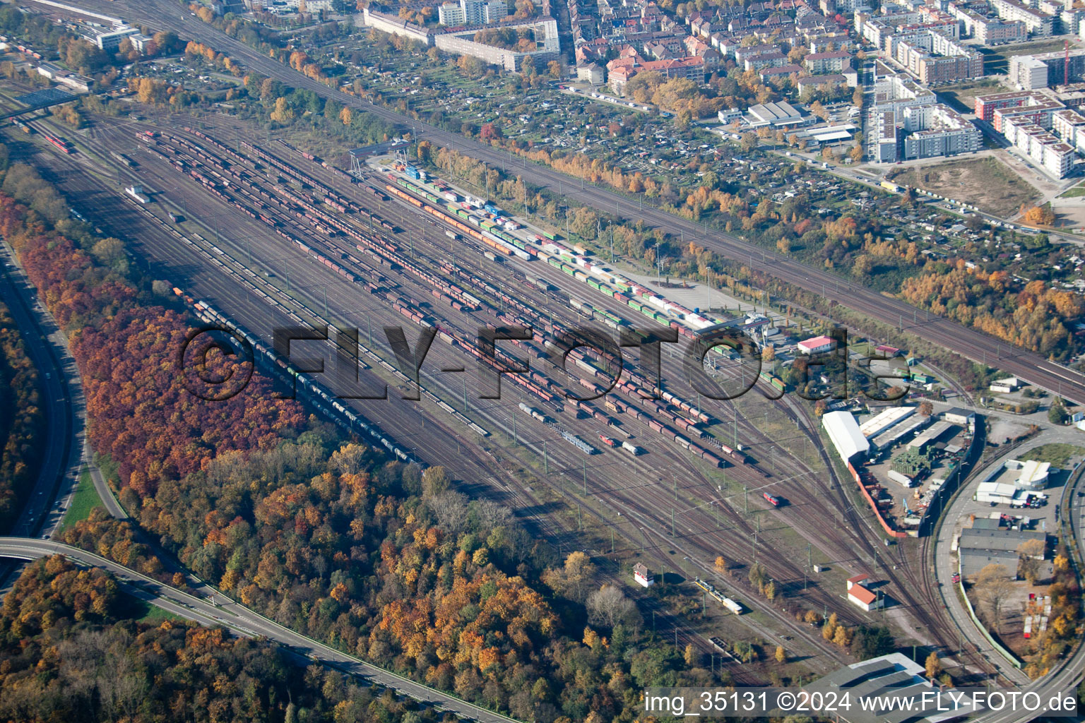 Aerial photograpy of Freight station in the district Südstadt in Karlsruhe in the state Baden-Wuerttemberg, Germany