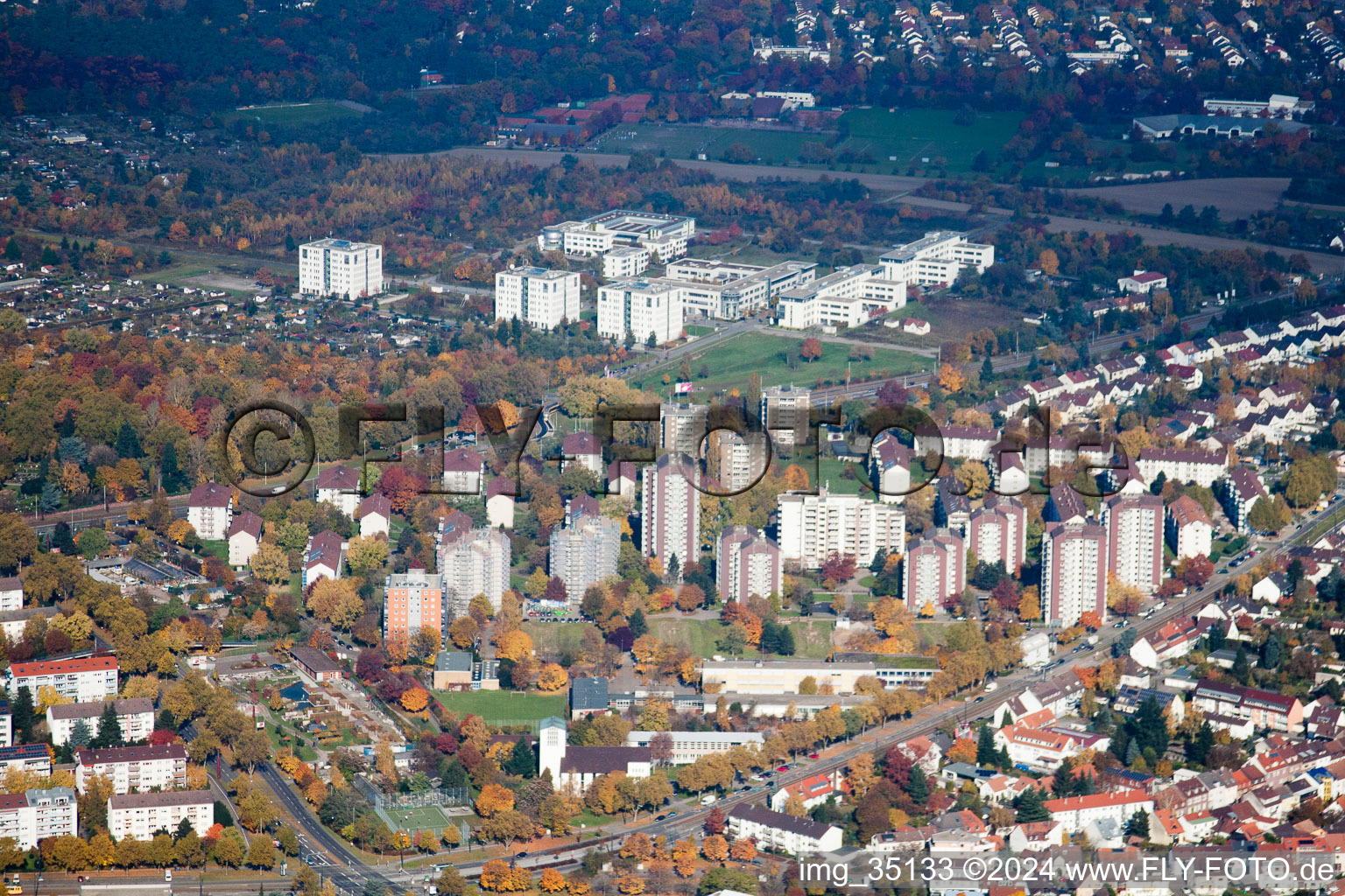 Drone recording of District Durlach in Karlsruhe in the state Baden-Wuerttemberg, Germany