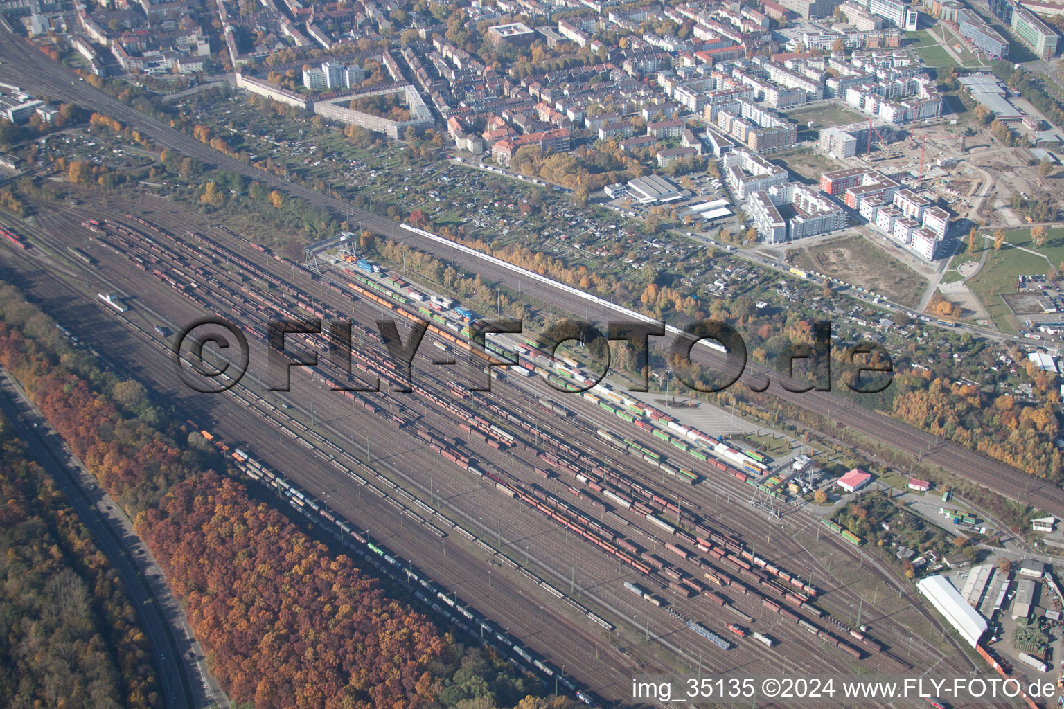 Oblique view of Freight station in the district Südstadt in Karlsruhe in the state Baden-Wuerttemberg, Germany