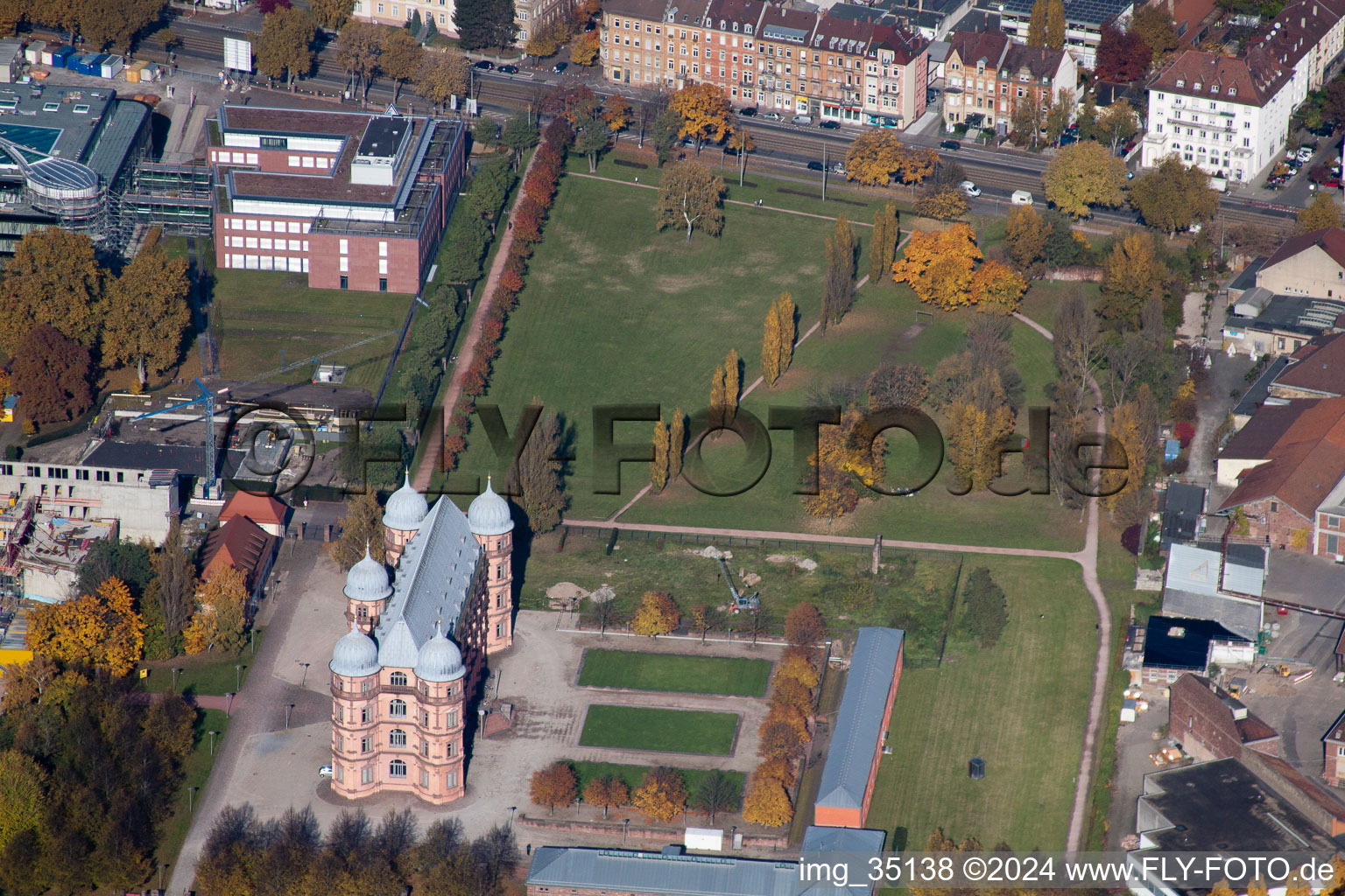 Oblique view of Building complex of the university Schloss Gottesaue/Hochschule fuer Musik in Karlsruhe in the state Baden-Wurttemberg