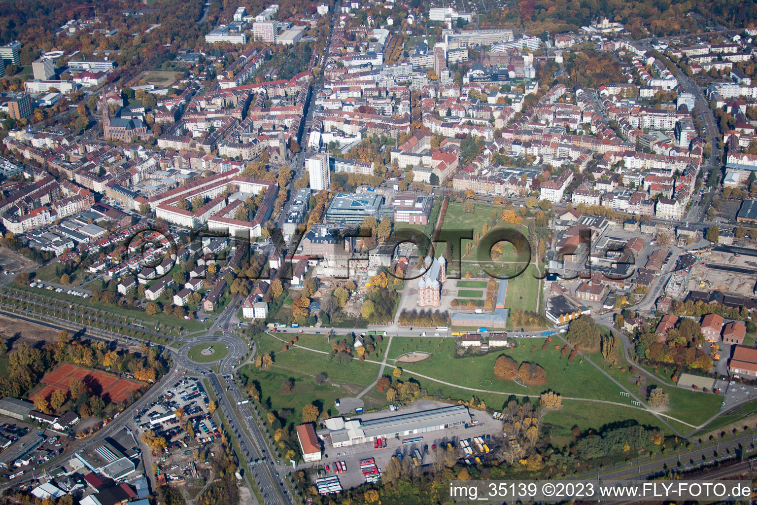 District Oststadt in Karlsruhe in the state Baden-Wuerttemberg, Germany viewn from the air