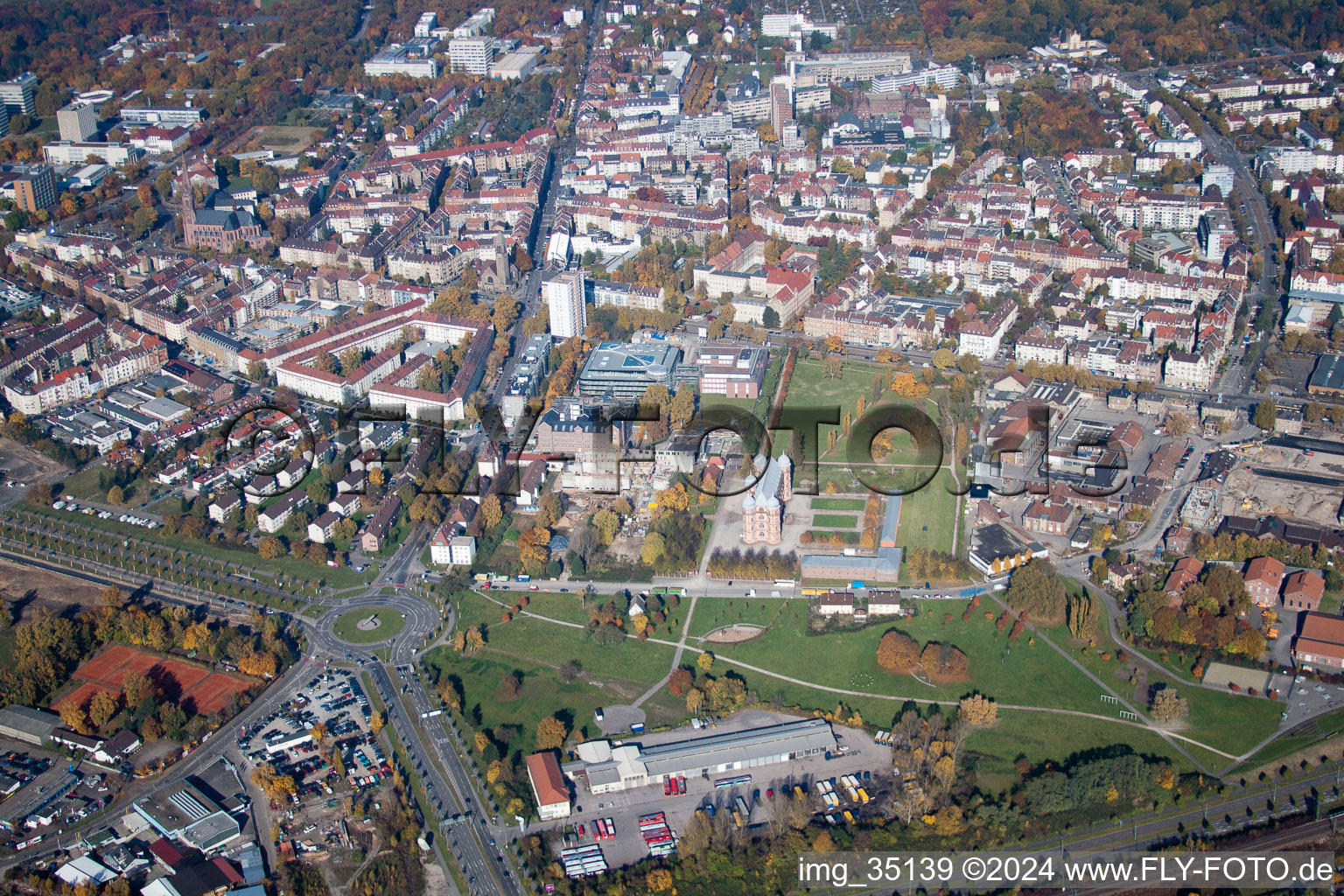 Bird's eye view of District Oststadt in Karlsruhe in the state Baden-Wuerttemberg, Germany