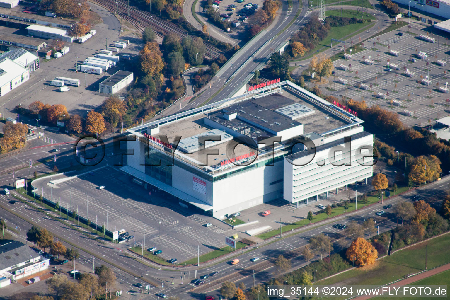 Aerial view of Man Mobilia in the district Rintheim in Karlsruhe in the state Baden-Wuerttemberg, Germany