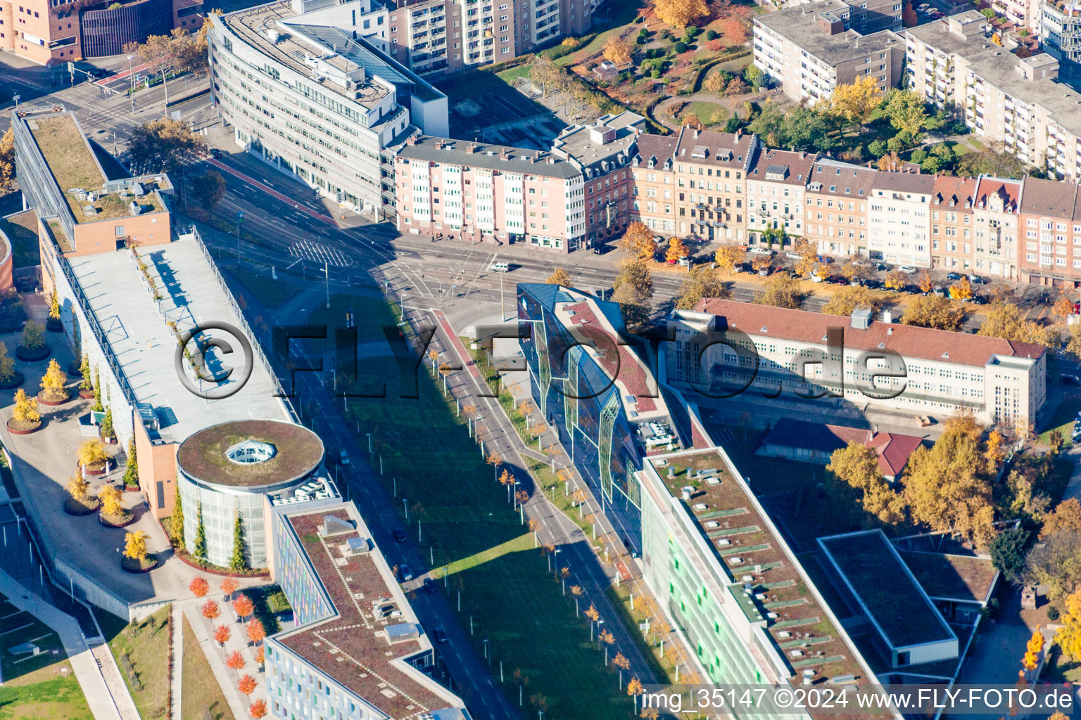 Aerial view of Street - road guidance of Ludwig-Erhard-Allee with Scheck-In Center, Volksbank Karlsruhe eG - Hauptverwaltung, Friedrich-List-Schule in the district Oststadt in Karlsruhe in the state Baden-Wurttemberg, Germany