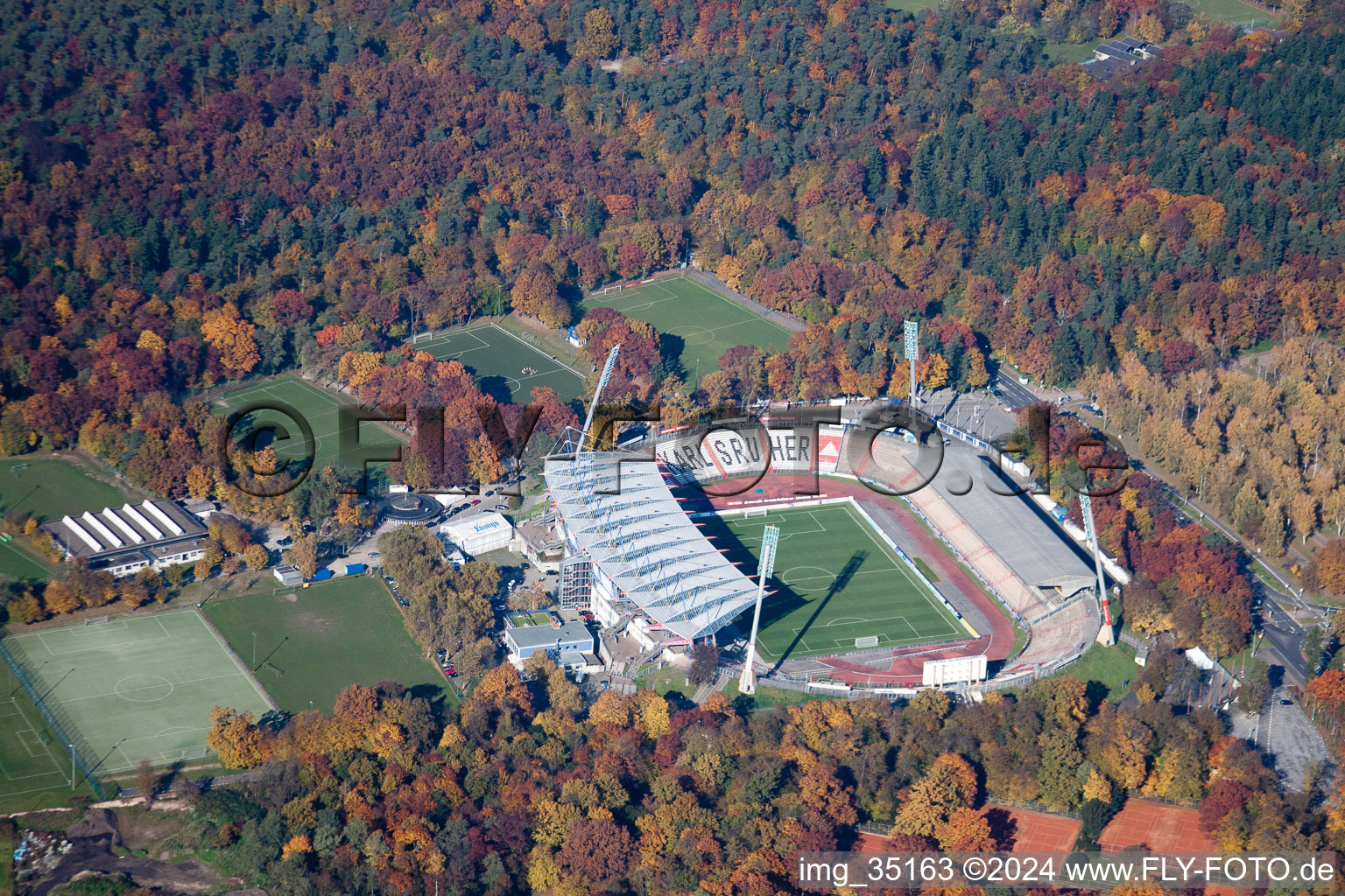 Aerial view of Football stadium of the football club Wildparkstadion des KSC in Karlsruhe in the state Baden-Wurttemberg