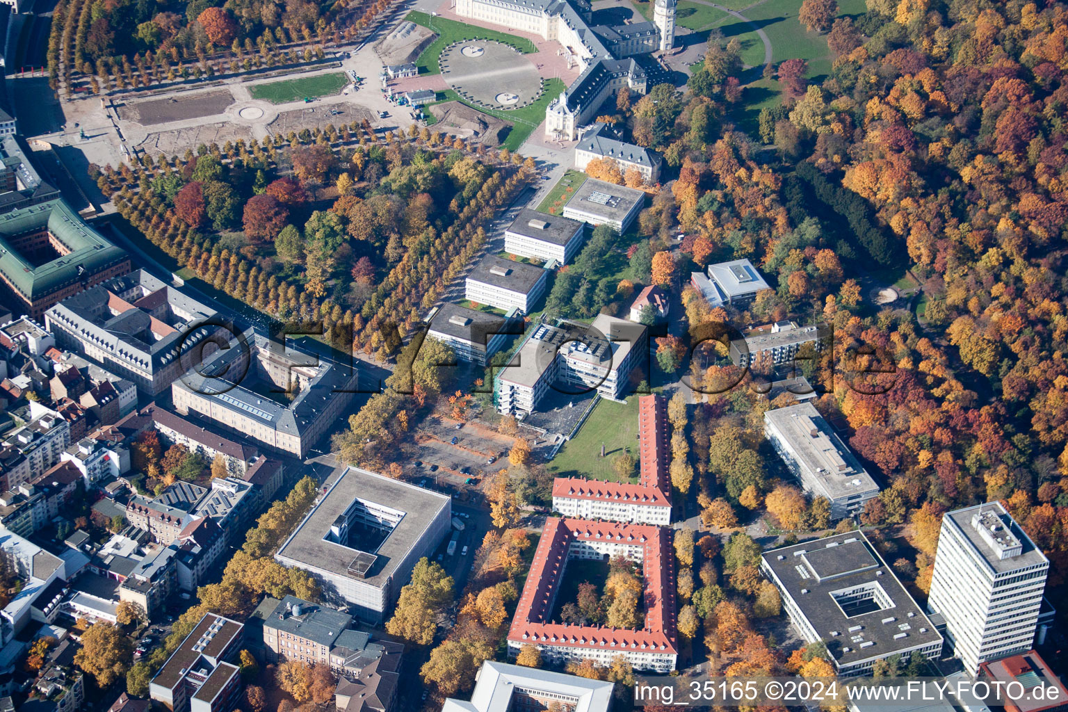 Aerial view of KIT University in the district Innenstadt-Ost in Karlsruhe in the state Baden-Wuerttemberg, Germany