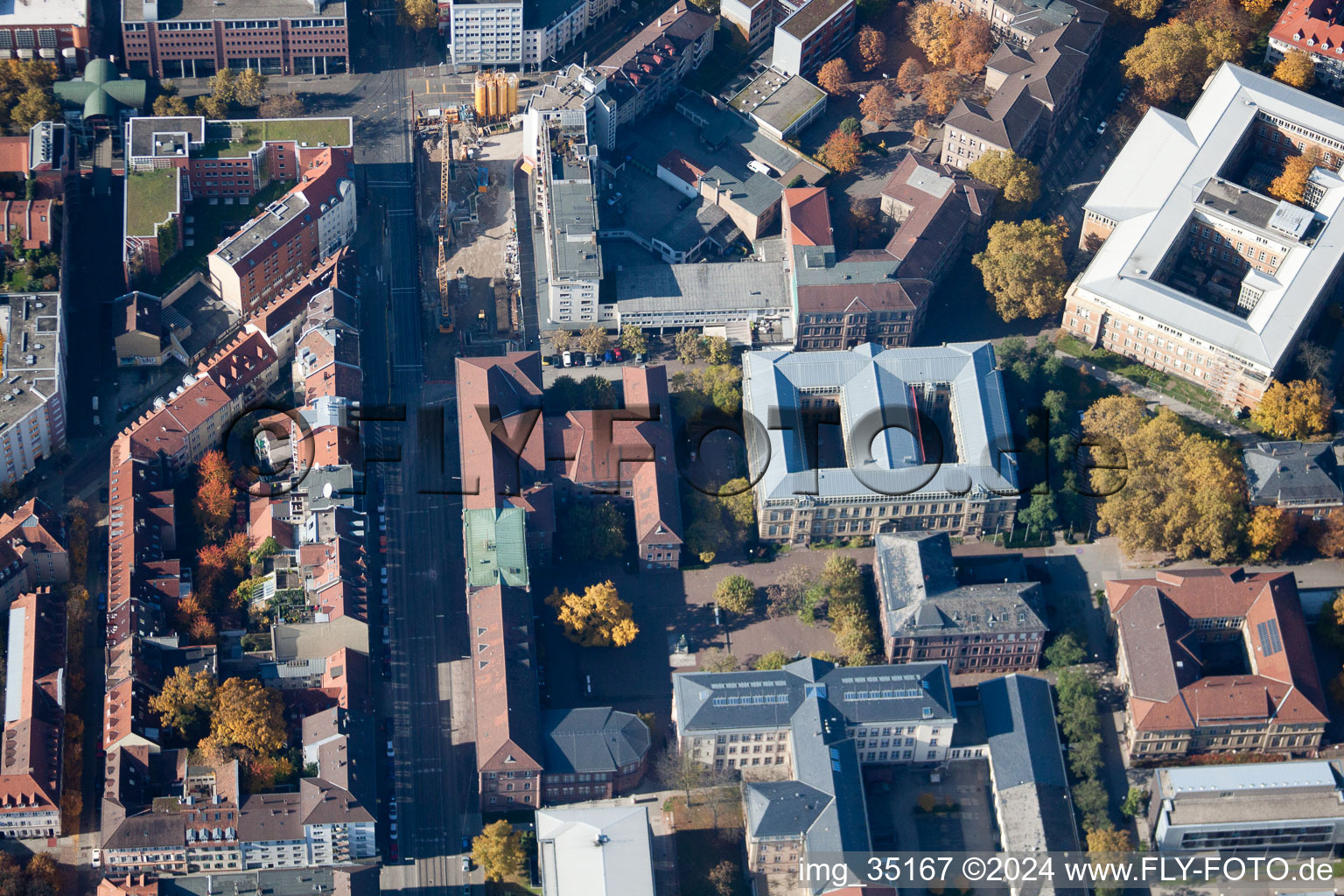 Oblique view of KIT University in the district Innenstadt-Ost in Karlsruhe in the state Baden-Wuerttemberg, Germany