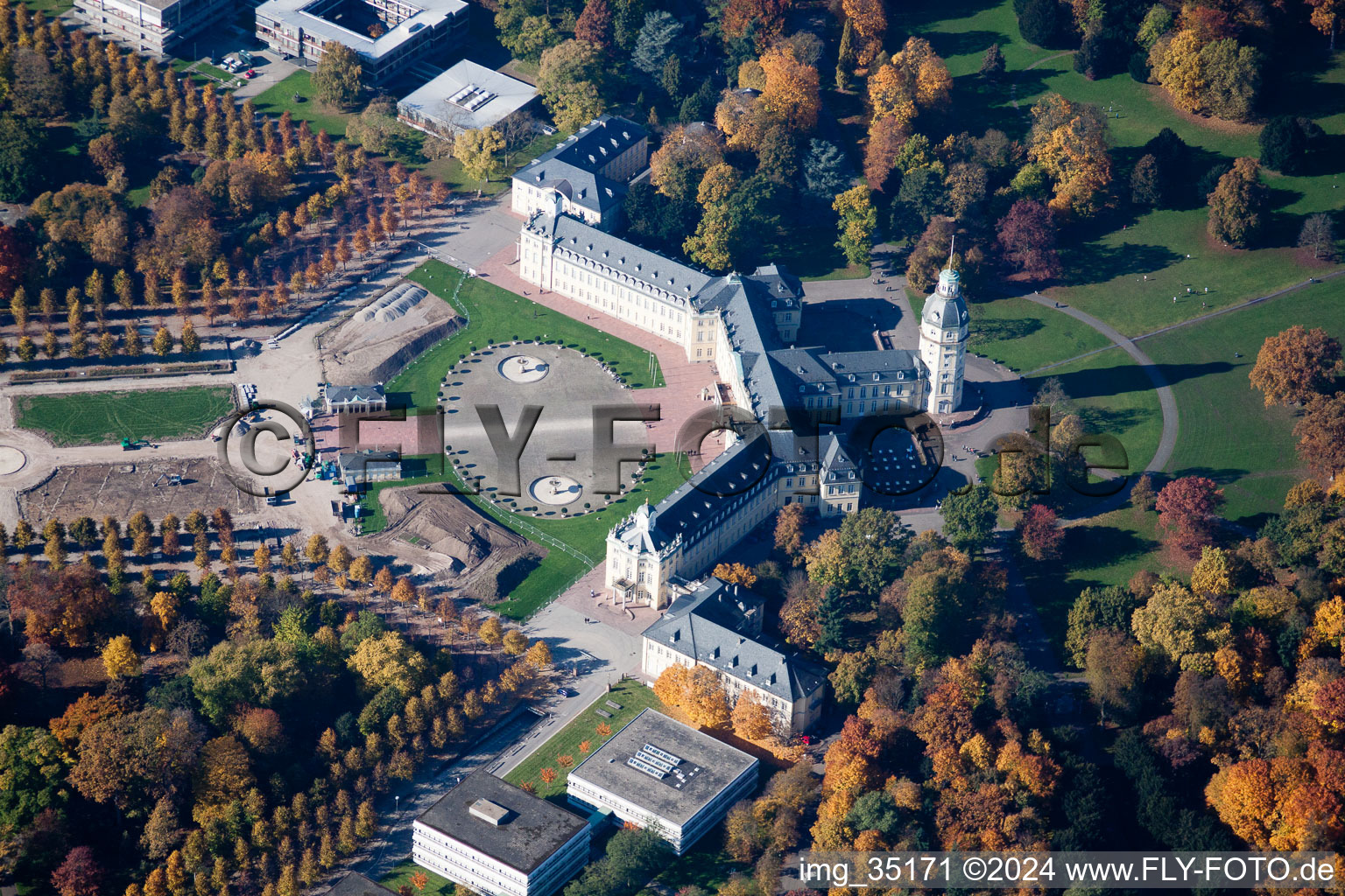 Aerial view of Grounds and park at the castle of Karlsruhe in Baden-Wuerttemberg