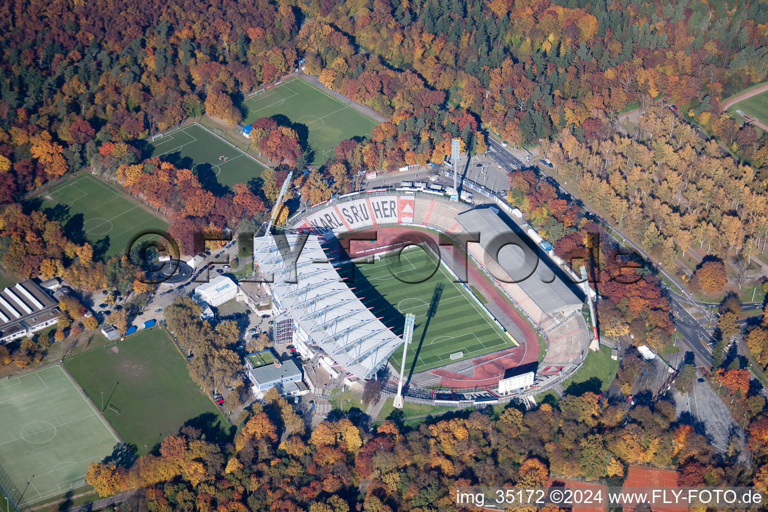 Aerial photograpy of Football stadium of the football club Wildparkstadion des KSC in Karlsruhe in the state Baden-Wurttemberg