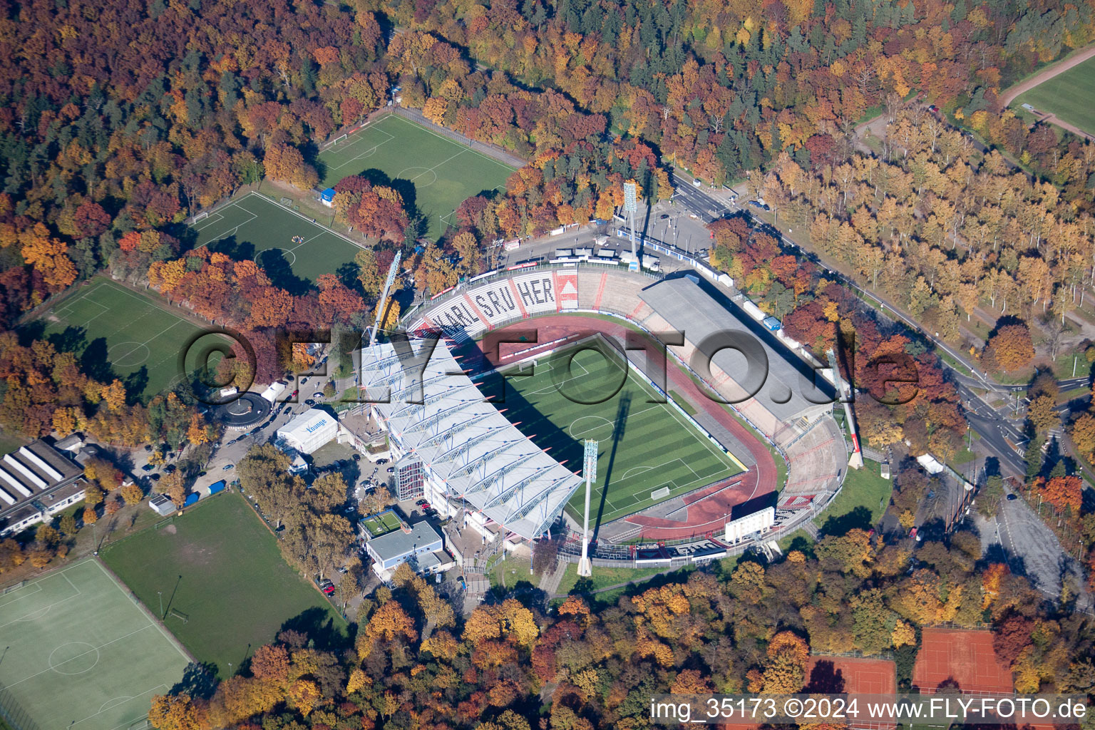 Aerial view of KSC Stadium in Karlsruhe's Hardtwald in the district Innenstadt-Ost in Karlsruhe in the state Baden-Wuerttemberg, Germany