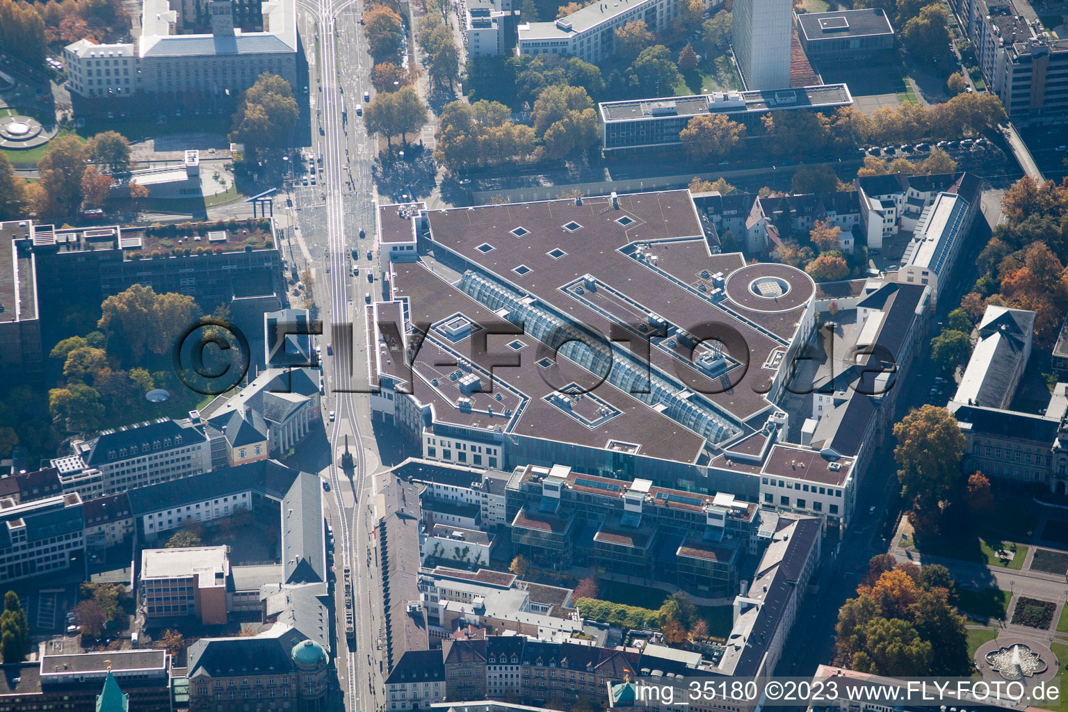Aerial view of Ettlinger Tor Center in the district Innenstadt-West in Karlsruhe in the state Baden-Wuerttemberg, Germany