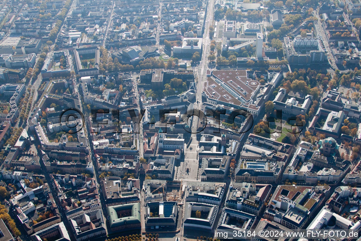 Aerial view of Karlstrasse Market Square in the district Innenstadt-West in Karlsruhe in the state Baden-Wuerttemberg, Germany