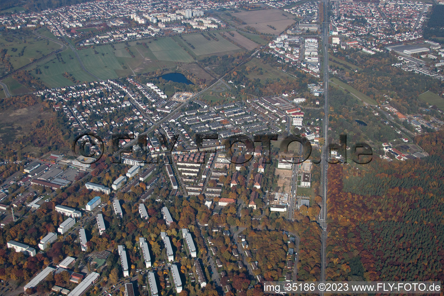 District Neureut in Karlsruhe in the state Baden-Wuerttemberg, Germany seen from a drone