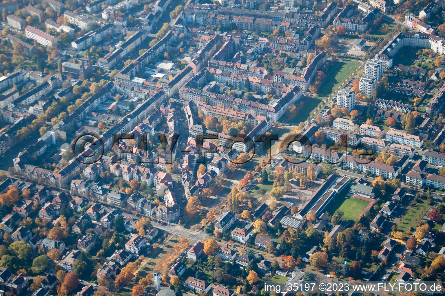 Aerial view of District Mühlburg in Karlsruhe in the state Baden-Wuerttemberg, Germany