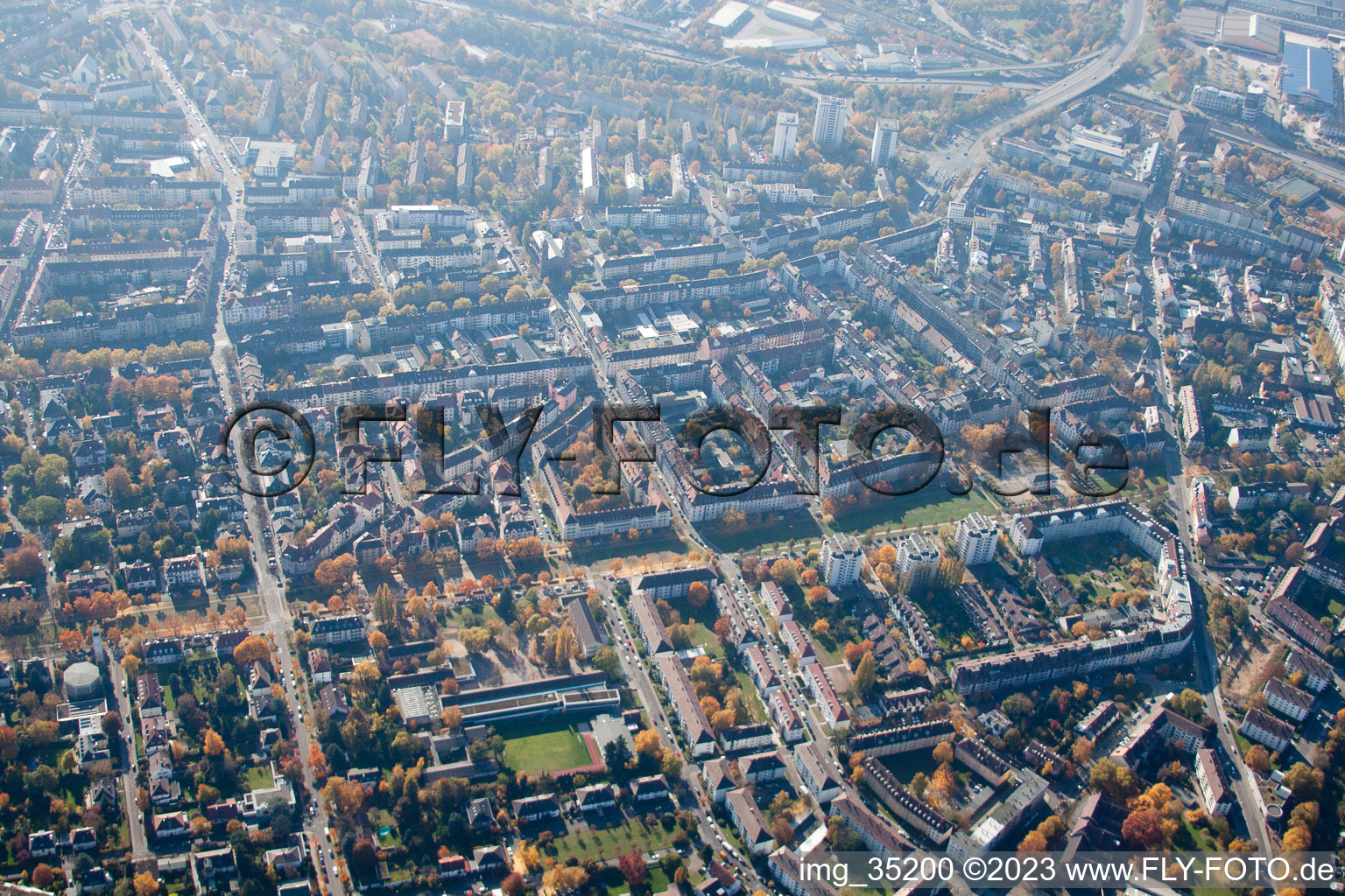 District Mühlburg in Karlsruhe in the state Baden-Wuerttemberg, Germany from above