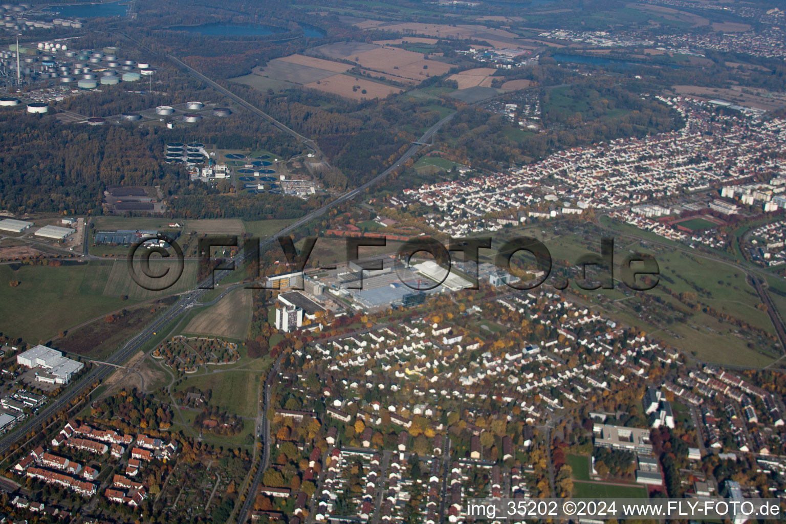 Drone image of District Knielingen in Karlsruhe in the state Baden-Wuerttemberg, Germany