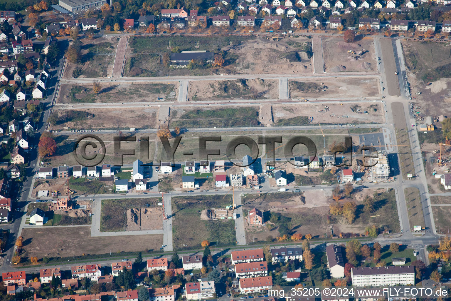 District Knielingen in Karlsruhe in the state Baden-Wuerttemberg, Germany seen from a drone