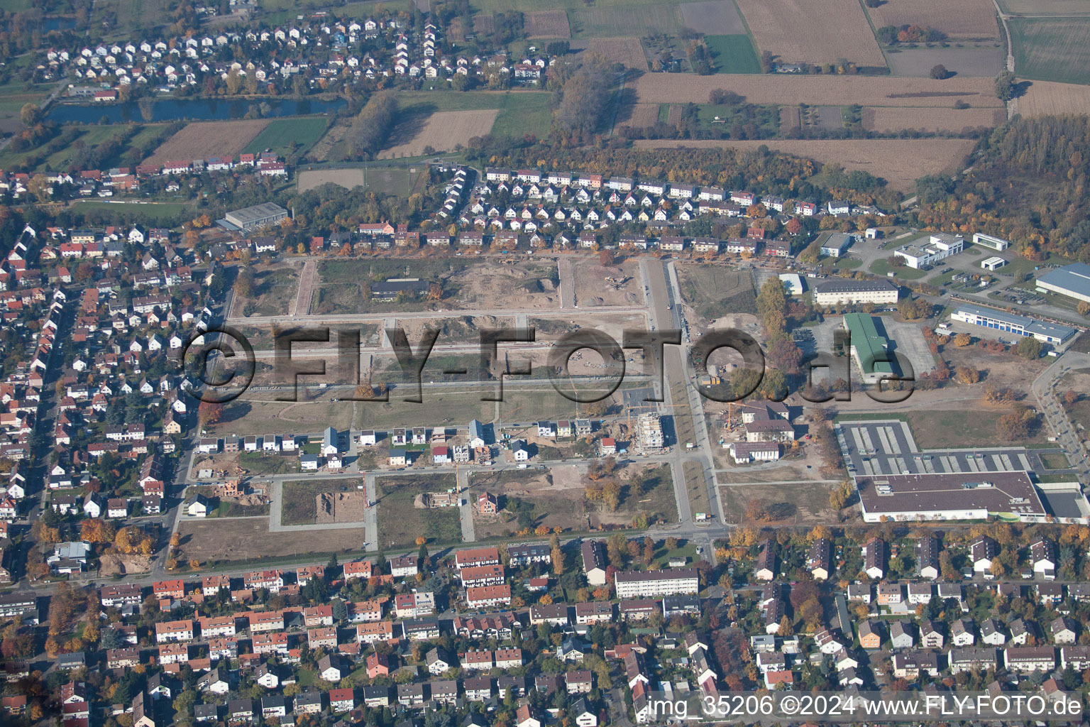 Aerial view of District Knielingen in Karlsruhe in the state Baden-Wuerttemberg, Germany