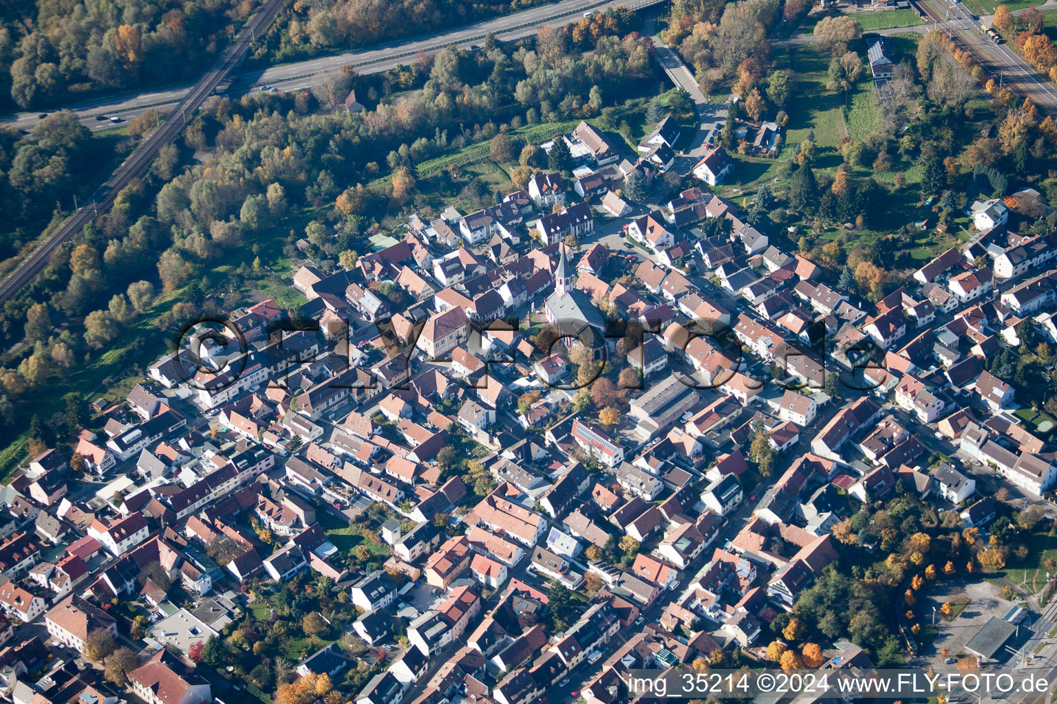 District Knielingen in Karlsruhe in the state Baden-Wuerttemberg, Germany viewn from the air