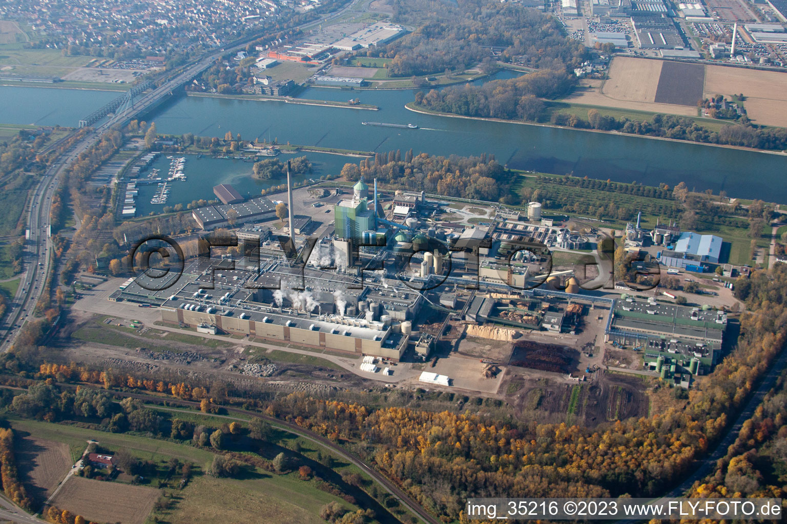 Aerial view of Stora Enso in the district Rheinhafen in Karlsruhe in the state Baden-Wuerttemberg, Germany