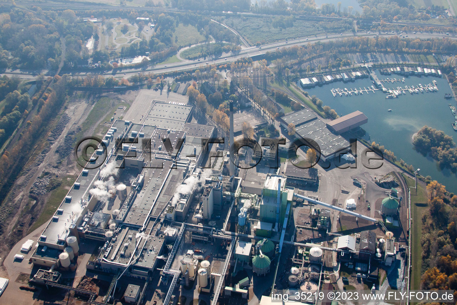 Aerial photograpy of Stora Enso in the district Rheinhafen in Karlsruhe in the state Baden-Wuerttemberg, Germany