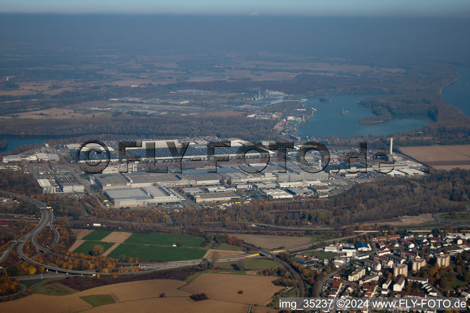 Aerial view of Daimler from the south in the district Maximiliansau in Wörth am Rhein in the state Rhineland-Palatinate, Germany