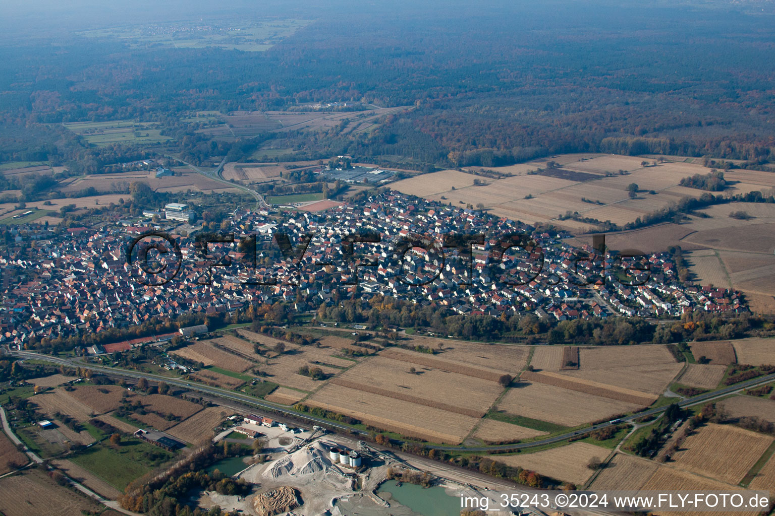 Hagenbach in the state Rhineland-Palatinate, Germany seen from above