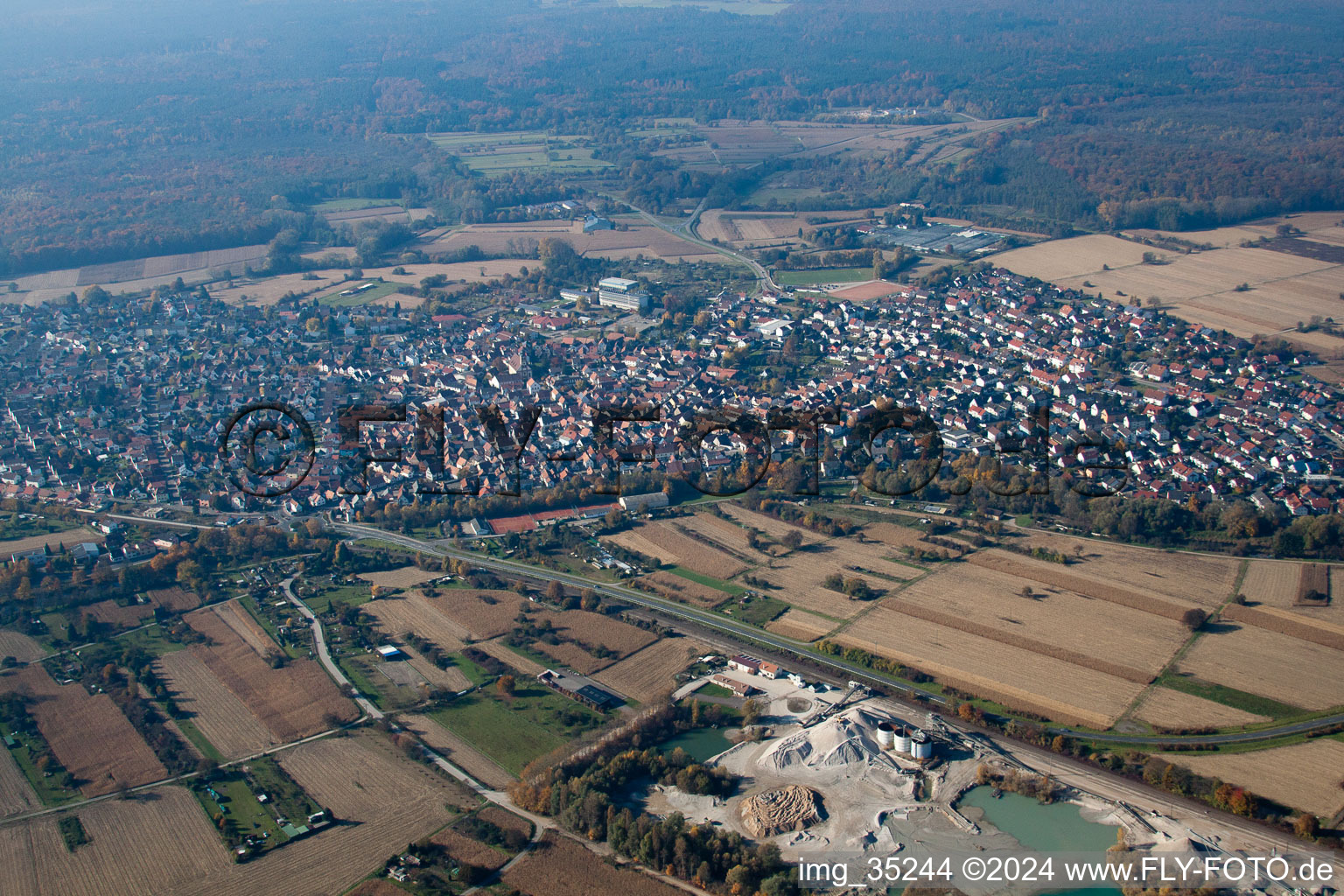 Hagenbach in the state Rhineland-Palatinate, Germany from the plane