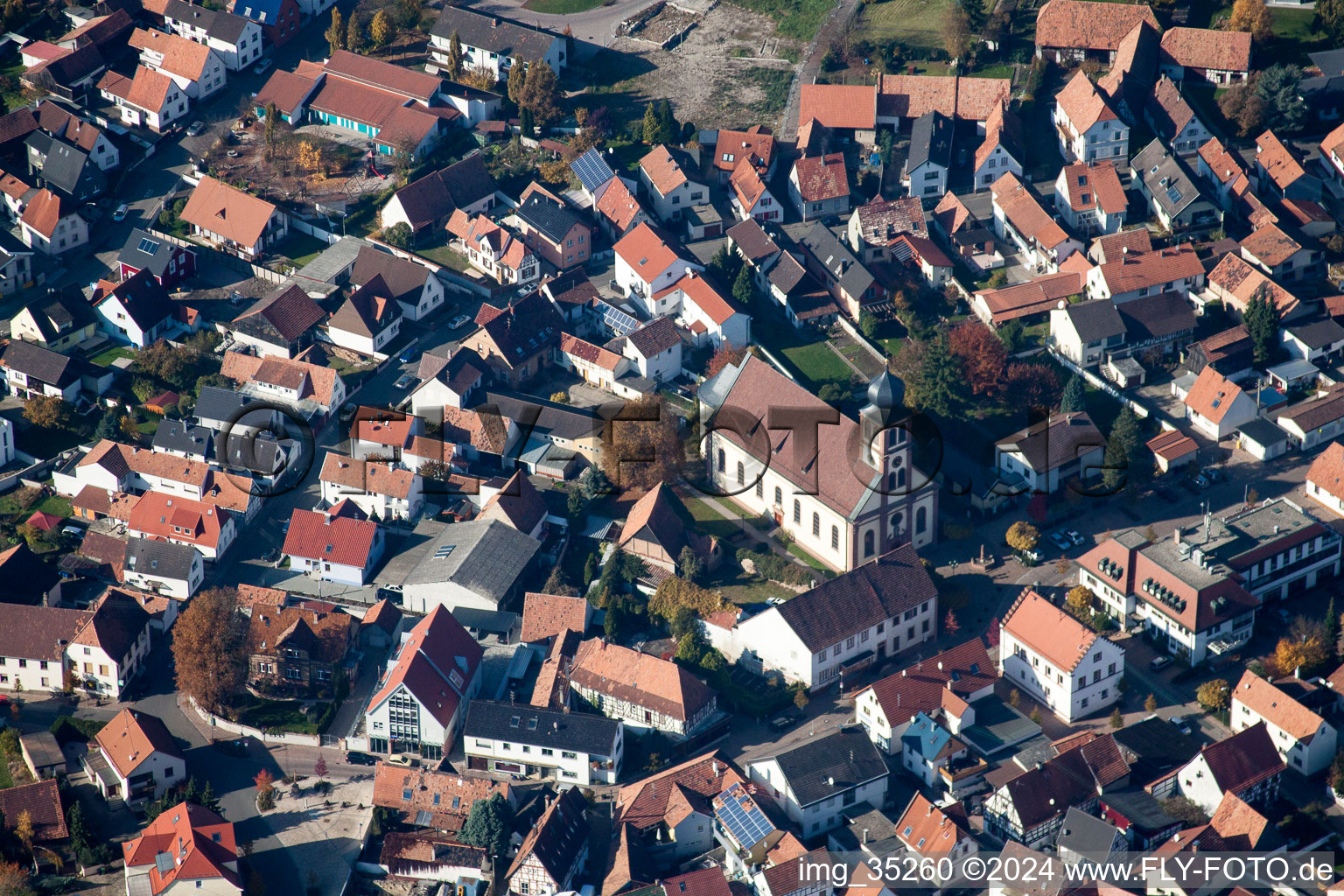 Aerial photograpy of Church building in the village of in Hagenbach in the state Rhineland-Palatinate